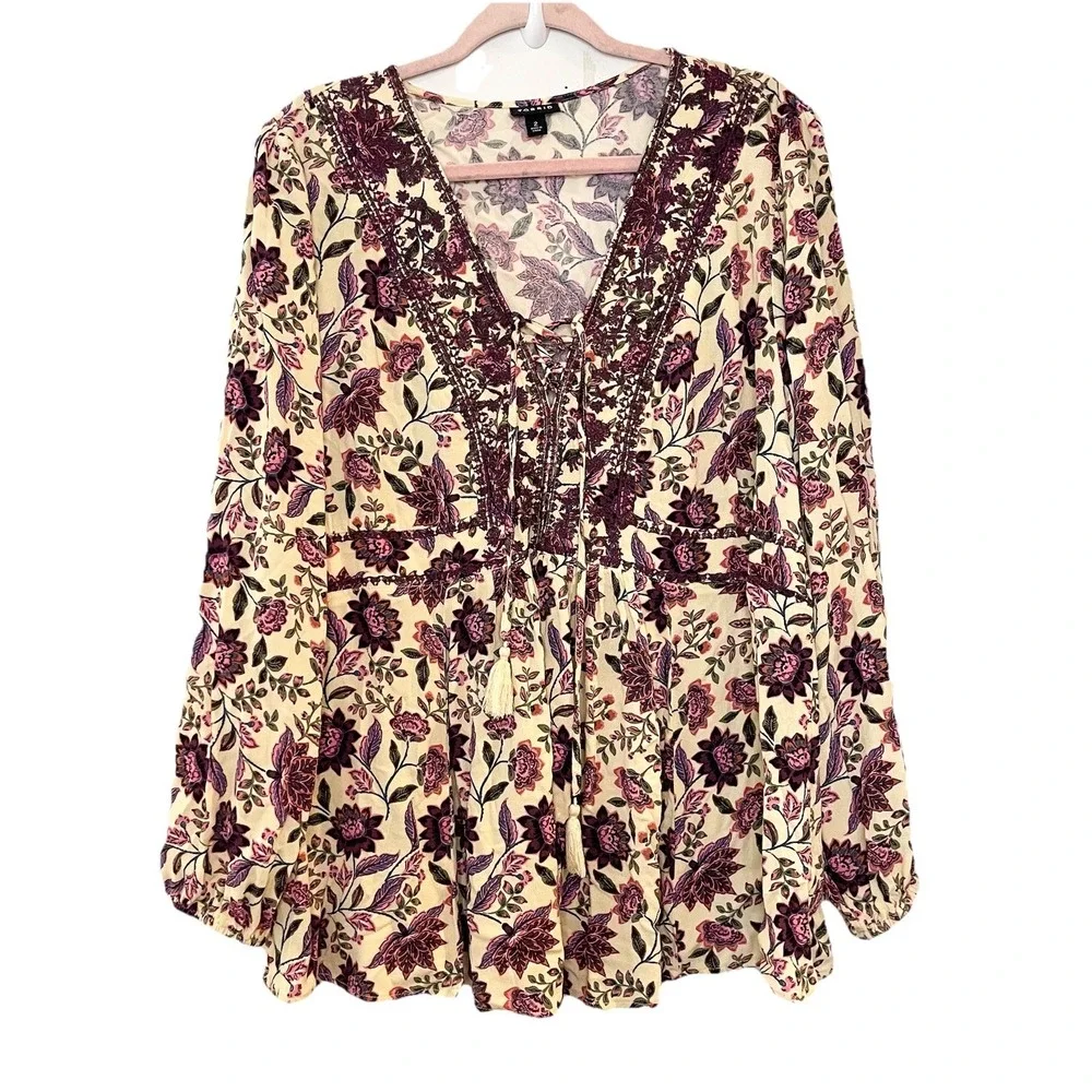 TORRID 2X Sand Floral Embroidered Lace Babydoll Textured Challis Top Blouse - Picture 2 of 7